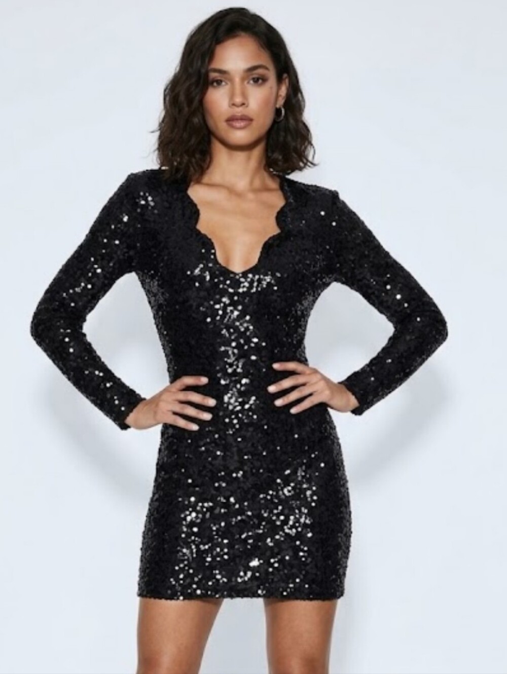 NWT Express Black Sequined Scalloped Plunging Mini Dress, S